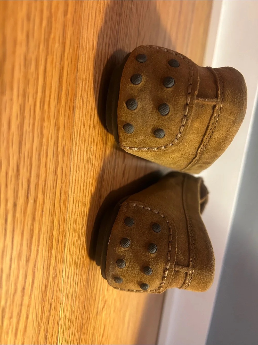 Vionic Suede Penny Loafers in Camel with Gold Accent